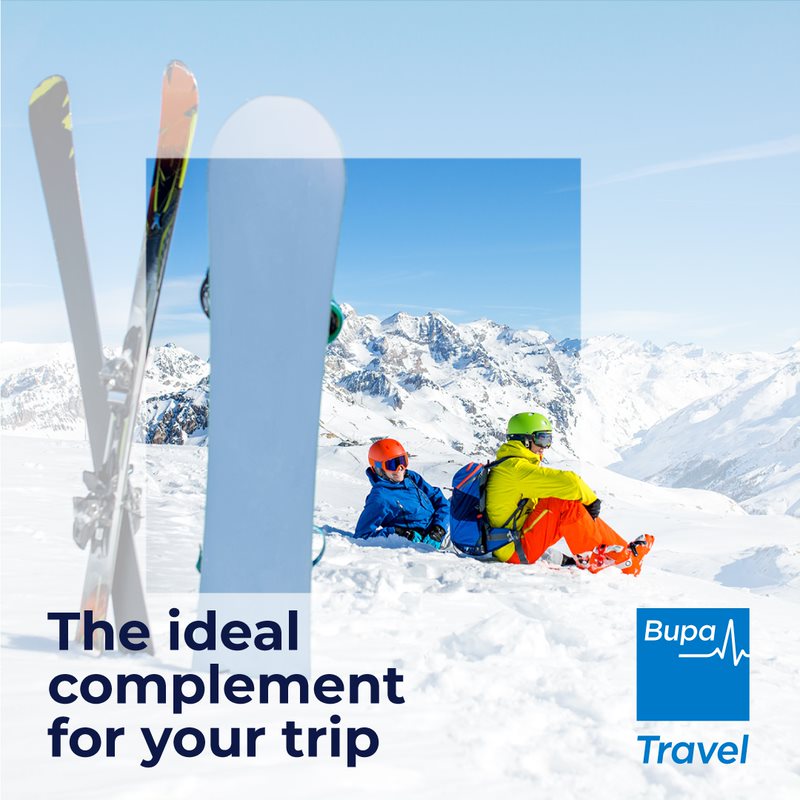 Poster of a two people in the mountain with the text: "the ideal complement for you trip".
